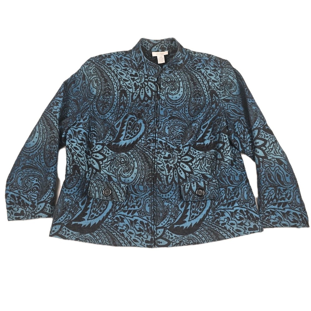 Dressbarn Woman Blue Black Paisley Zip Jacket Plus Size 20W Mock Neck